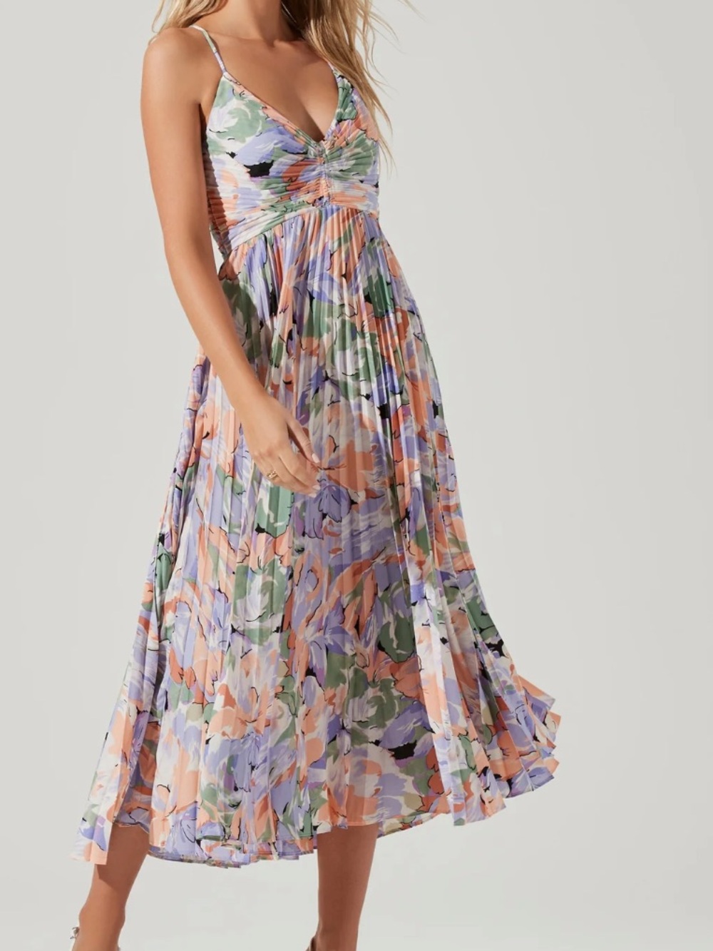 Astr Blythe Dress coral multi Floral Pleated Midi Dress